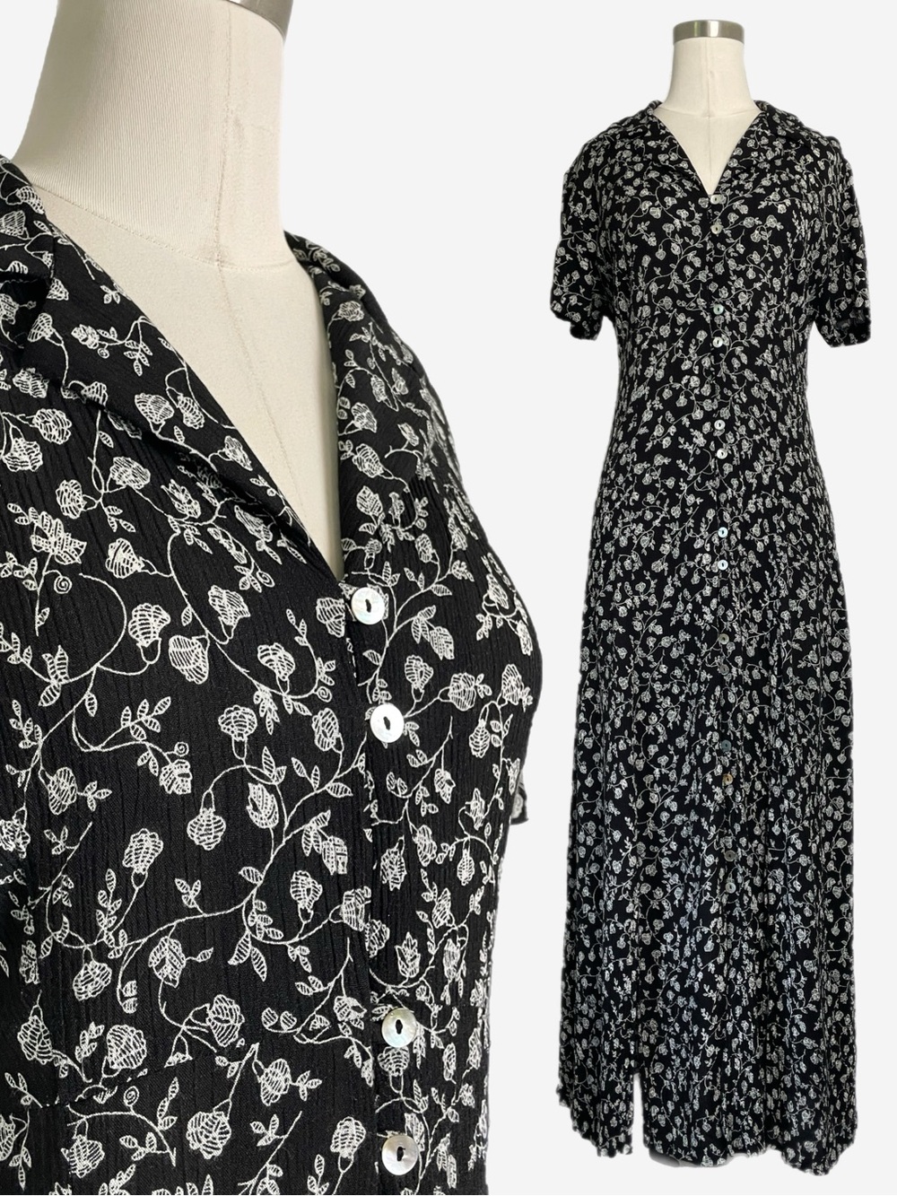 Vintage Y2K CDC black floral split hem button front dress whimsical grunge S/M